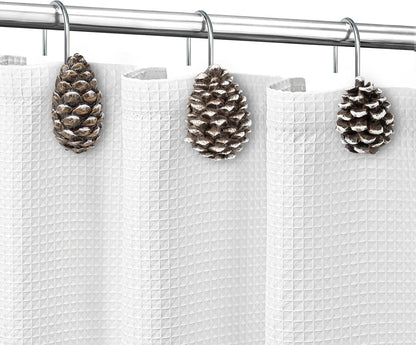 Sunlit Snowy Pinecone Shower Curtain Hooks Set of 12, Snow-Tipped Pine Cone Curtain Rings for Christmas Winter Bathroom Decor, Rustic Decorative Resin Bath Accessories