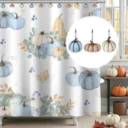 Sunlit Fall Pumpkin Decorative Shower Curtain Hooks, Autumn Harvest Festival Shower Curtain Rings, Resin, Orange Farmhouse Bathroom Curtain Hangers Decoration, Set of 12