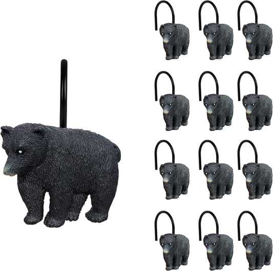 Sunlit Rustic Decorative Shower Curtain Hooks, Black Bear Shower Curtain Rings, Cabin Shower Curtain Hooks with Black Hooks, Resin, Farmhouse Bathroom Decoration, Set of 12