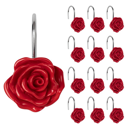 Sunlit Rose Shower Curtain Hooks, Home Decorative Flower Shower Curtain Rings for Bathroom, Resin, Pink Floral Shower Curtain Hanger Hooks for Living Room, Set of 12