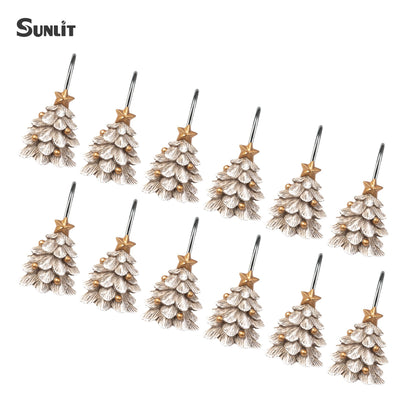 Sunlit Christmas Tree Decorative Shower Curtain Hooks with Star, Green Shower Curtain Rings, Resin, Xmas Theme Winter Holiday Bathroom Decoration, Set of 12