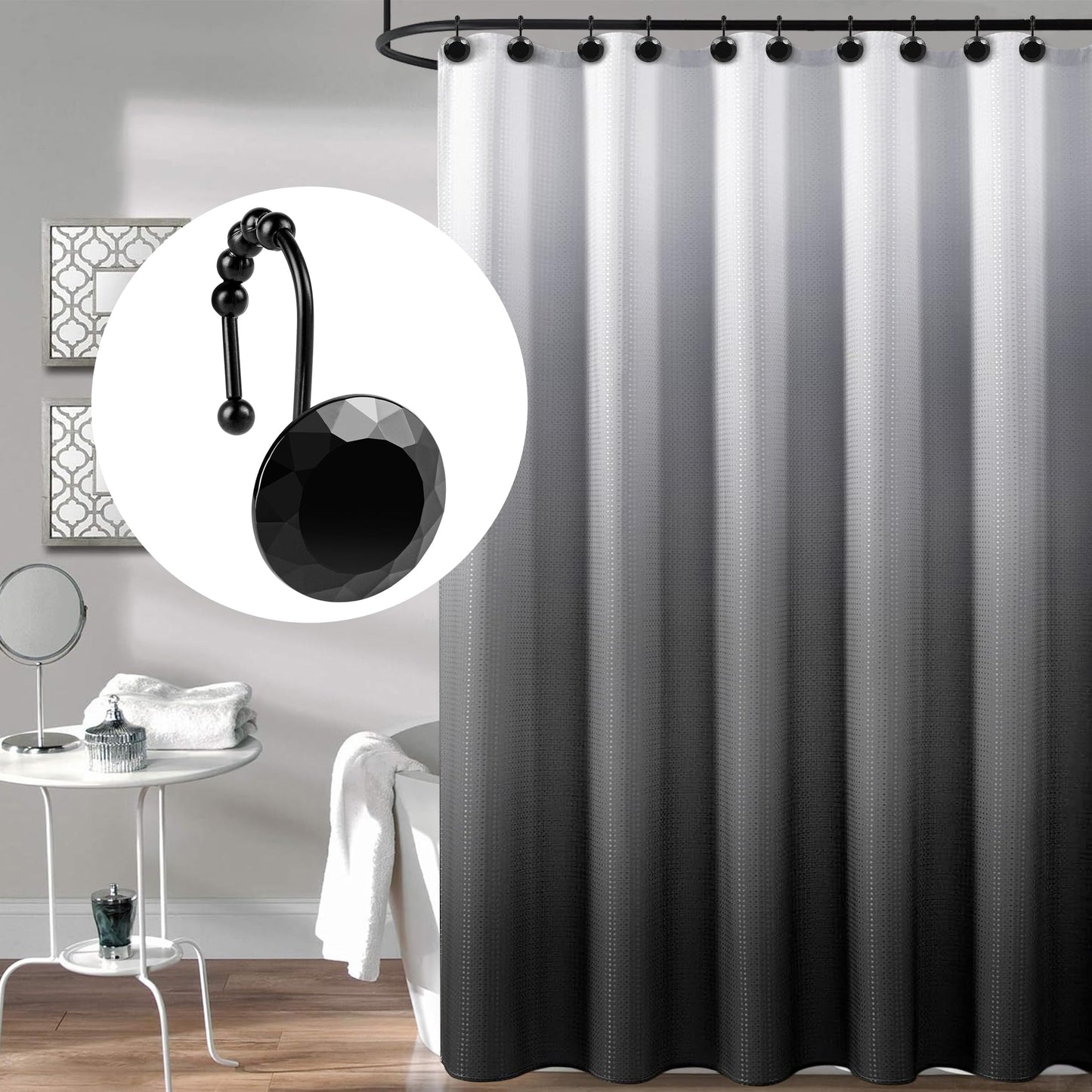 Sunlit Round Rhinestone Shower Curtain Hooks with Glide Balls, 12 Pack