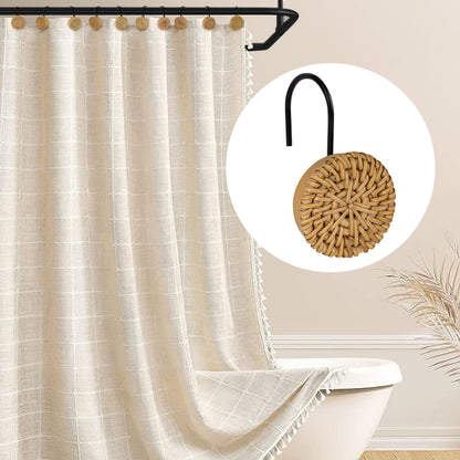 Sunlit Boho Decorative Shower Curtain Hooks, Woven Wicker Ratten Beige Shower Curtain Rings for Bathroom, Farmhouse Shower Curtain Hangers Bathroom Accessories, Set of 12