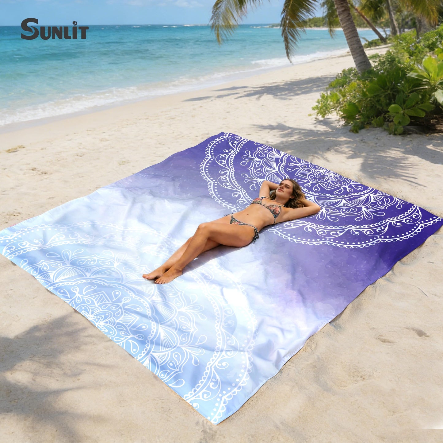 Sunlit Silky Soft Sand Proof Beach Blanket 106"x81" / 85"x72" Sand Proof Mat with Corner Pockets and Mesh Bag for Beach Party, Travel, Camping and Outdoor Music Festival, Mandala