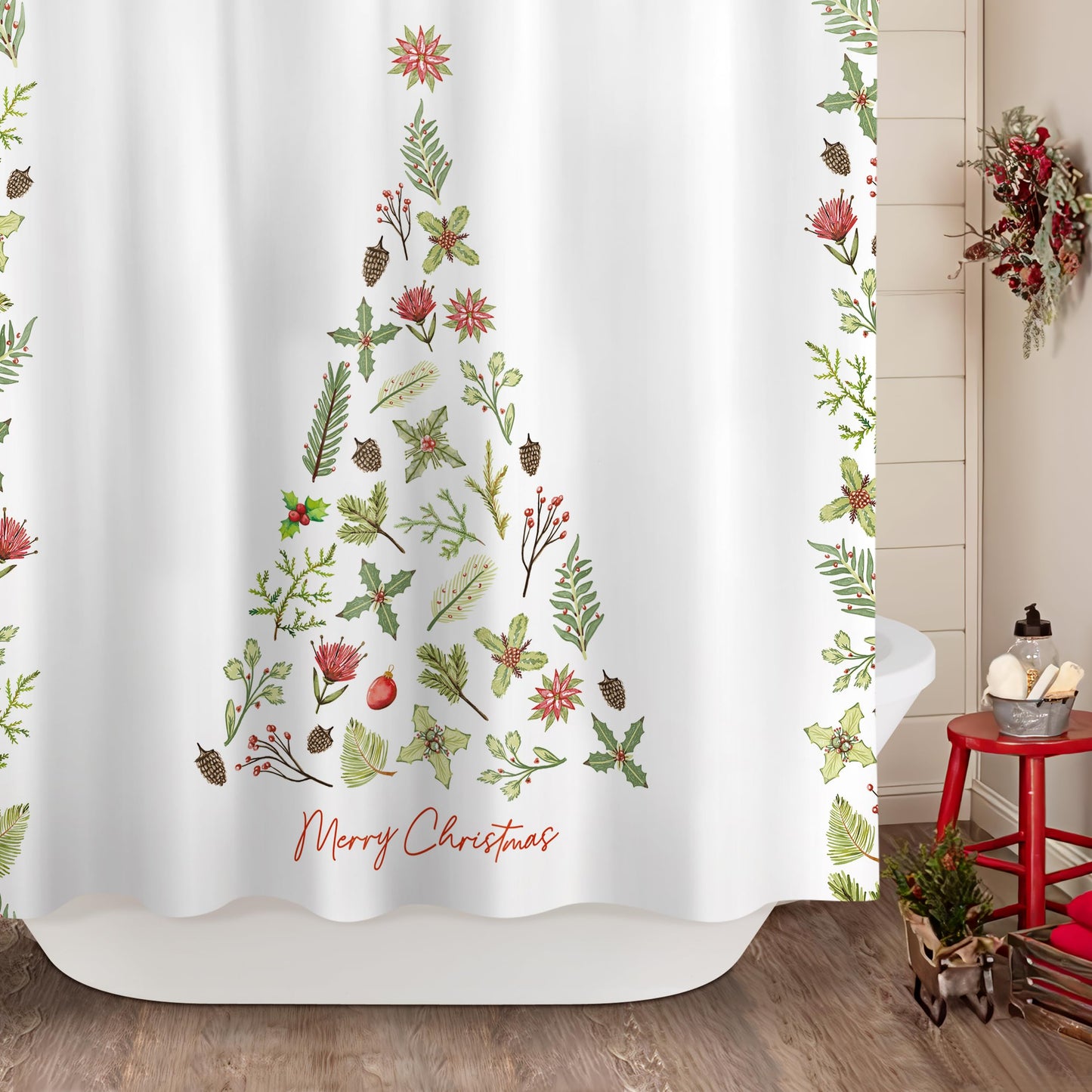Sunlit Christmas Shower Curtain, Green Xmas Pine Tree with Red Star Ornament Holiday Floral Holly Berries Decorations Festive Bathroom Fabric Shower Curtain, Home Decor Tapestry, 72" x 72"