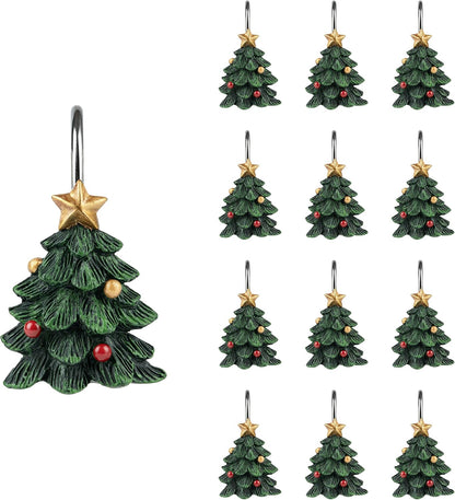 Sunlit Christmas Tree Decorative Shower Curtain Hooks with Star, Green Shower Curtain Rings, Resin, Xmas Theme Winter Holiday Bathroom Decoration, Set of 12