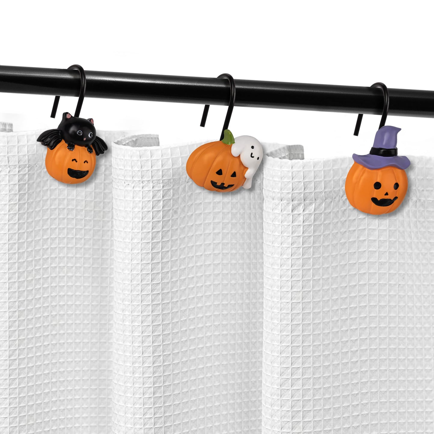 Sunlit Halloween Ghost and Pumpkin Shower Curtain Hooks Set of 12, Cute Jack O Lantern and White Ghost Curtain Rings for Bathroom, Spooky Decorative Bath Accessories