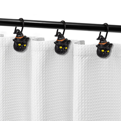 Sunlit Halloween Black Cat Shower Curtain Hooks, Home Decorative Shower Curtain Rings for Bathroom, Halloween Shower Curtain Hangers Bathroom Accessories, Set of 12, Wizard Cat