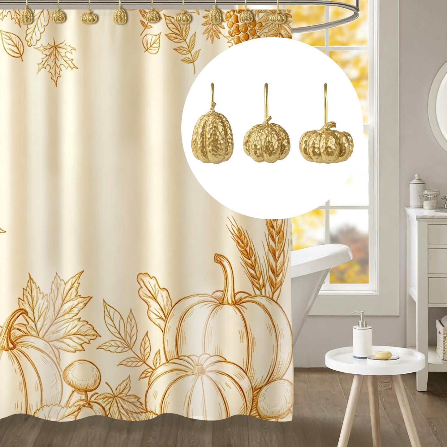Sunlit Fall Pumpkin Decorative Shower Curtain Hooks, Autumn Harvest Festival Shower Curtain Rings, Resin Farmhouse Bathroom Curtain Hangers Decoration, Set of 12, Orange Blue White