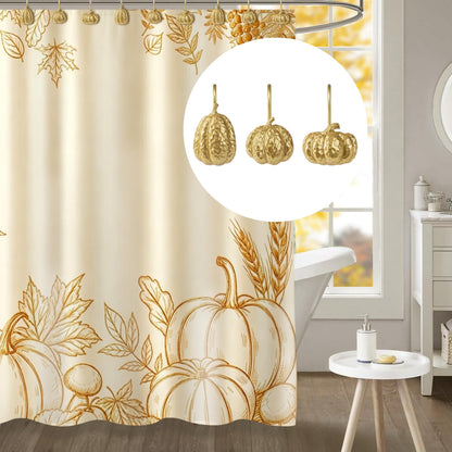 Sunlit Fall Pumpkin Decorative Shower Curtain Hooks, Autumn Harvest Festival Shower Curtain Rings, Resin Farmhouse Bathroom Curtain Hangers Decoration, Set of 12, Orange Blue White
