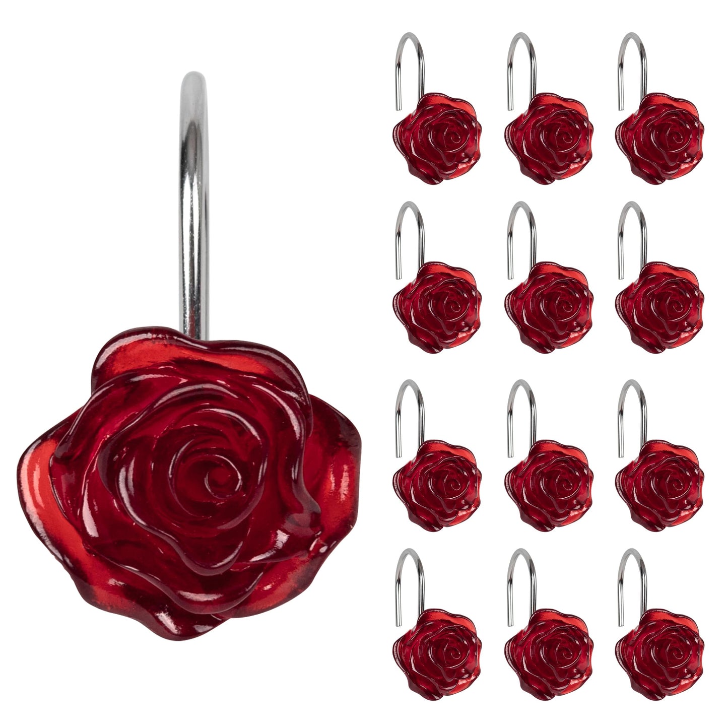Sunlit Rose Shower Curtain Hooks, Home Decorative Flower Shower Curtain Rings for Bathroom, Resin, Pink Floral Shower Curtain Hanger Hooks for Living Room, Set of 12