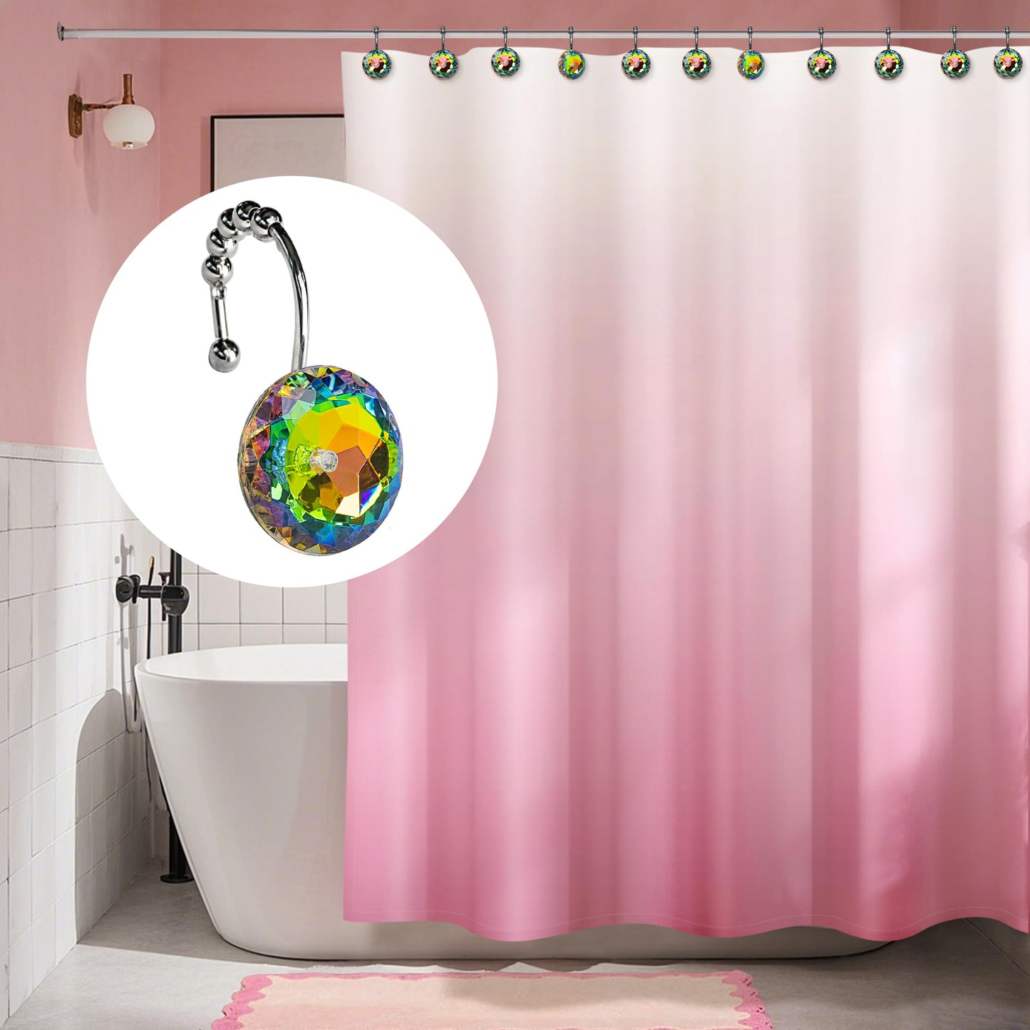 Sunlit Round Rhinestone Shower Curtain Hooks with Glide Balls, 12 Pack