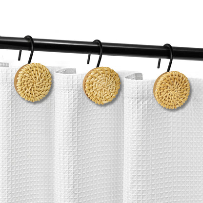 Sunlit Boho Decorative Shower Curtain Hooks, Woven Wicker Ratten Beige Shower Curtain Rings for Bathroom, Farmhouse Shower Curtain Hangers Bathroom Accessories, Set of 12