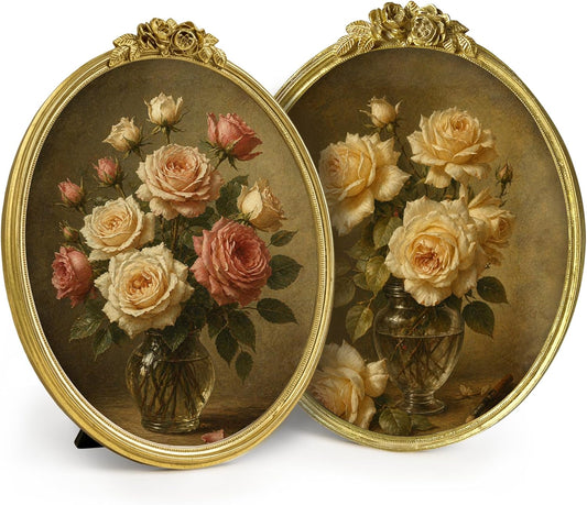 Sunlit Vintage Picture Frame 8x10 Inch Set of 2, Oval Antique Photo Frames with Glass Front, Luxury Photo Display, Tabletop Wall Hanging, Gift Ideas, Golden Rose
