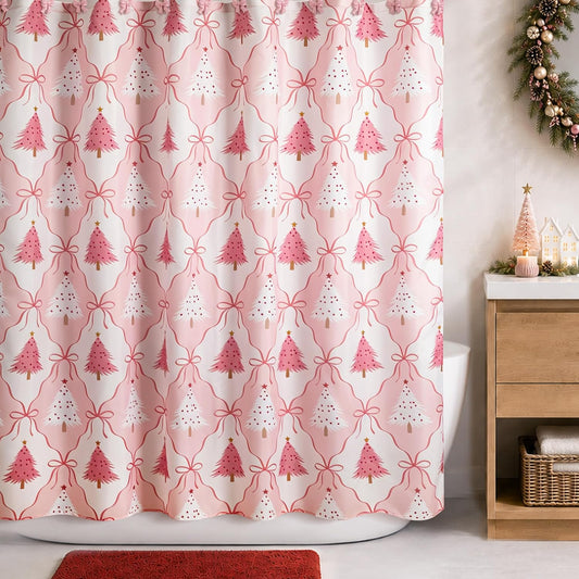 Sunlit Christmas Shower Curtain, Vintage Block Print Holiday Bathroom Decor, Pink Christmas Trees with Red Ribbon Bow Lattice Pattern, 72" x 72"