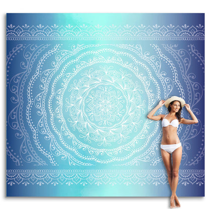 Sunlit 10'x9' Extra Large Boho Sand Proof Beach Blanket, Sand Proof Mat with Corner Pockets and Mesh Bag for Beach Party, Travel, Camping and Outdoor Music Festival, Light Orange and Sky Blue Mandala