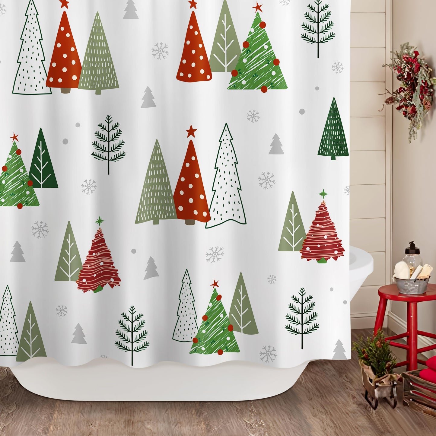 Sunlit Geometric Modern Design Christmas Shower Curtain Christmas Tree Bathroom Home Office Holiday Wall Decoration as Tapestry and Photo Booth Backdrop Red Green White Printed