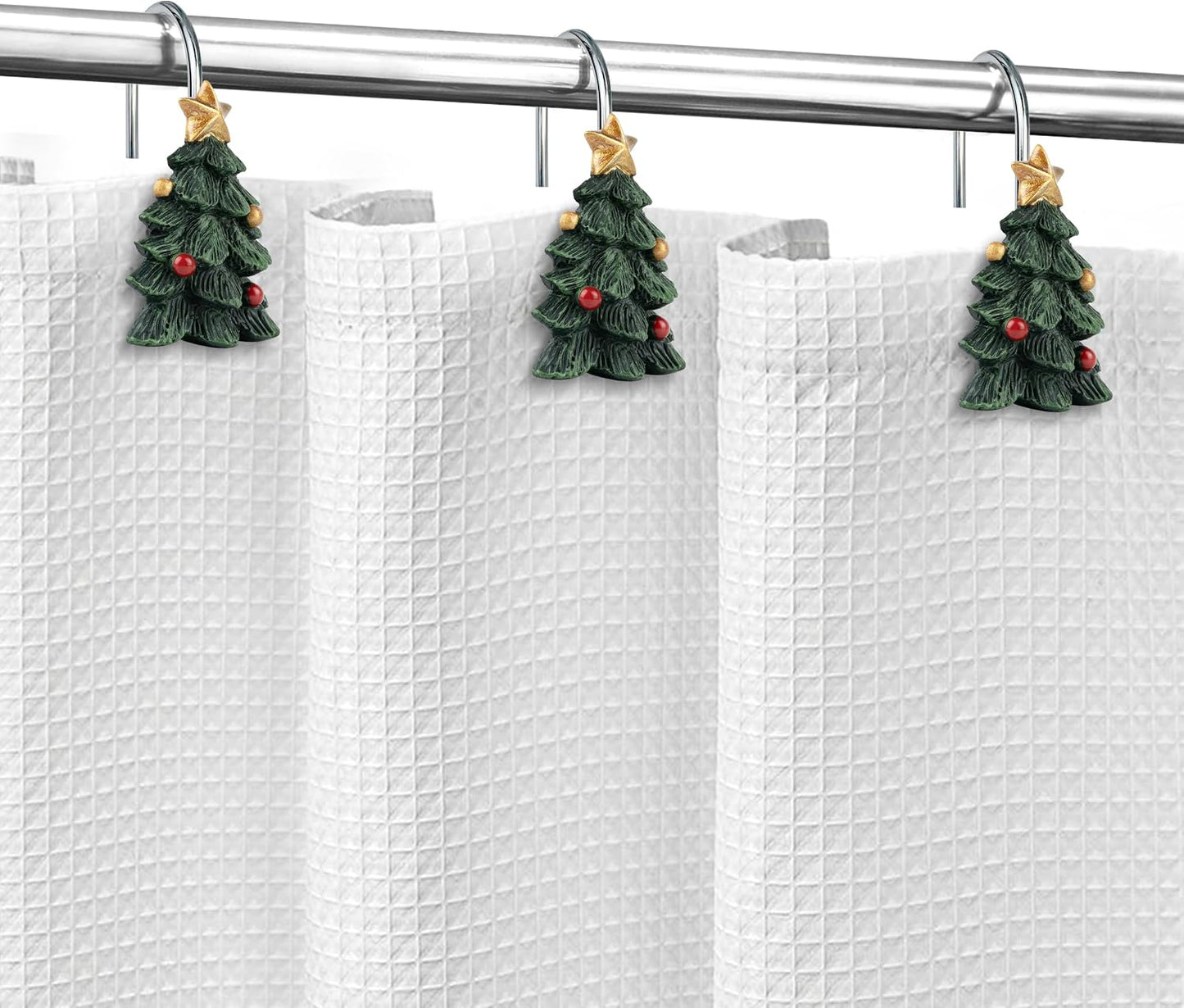 Sunlit Christmas Tree Decorative Shower Curtain Hooks with Star, Green Shower Curtain Rings, Resin, Xmas Theme Winter Holiday Bathroom Decoration, Set of 12