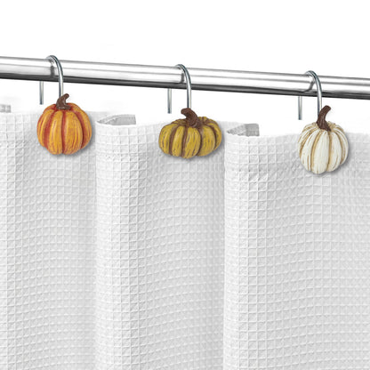 Sunlit Fall Pumpkin Decorative Shower Curtain Hooks, Autumn Harvest Festival Shower Curtain Rings, Resin Farmhouse Bathroom Curtain Hangers Decoration, Set of 12, Orange Blue White