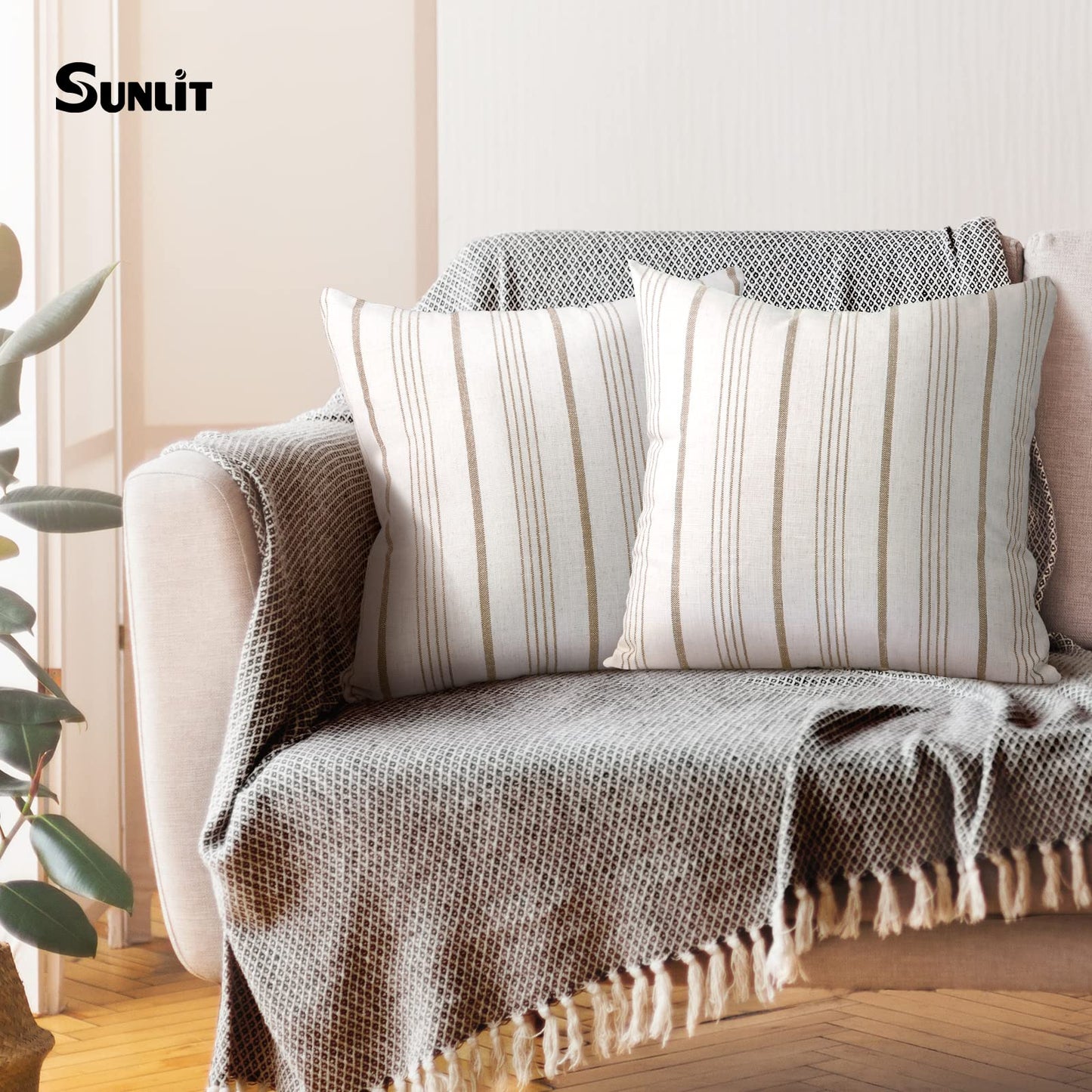 Sunlit Decorative Farmhouse Throw Pillow Case, Set of 2 Cream/Off-White with Black Stripes Modern Accent Square Pillow Cover, 22" x 22", Textured Linen Throw Cushion Covers for Couch Chair Bedroom