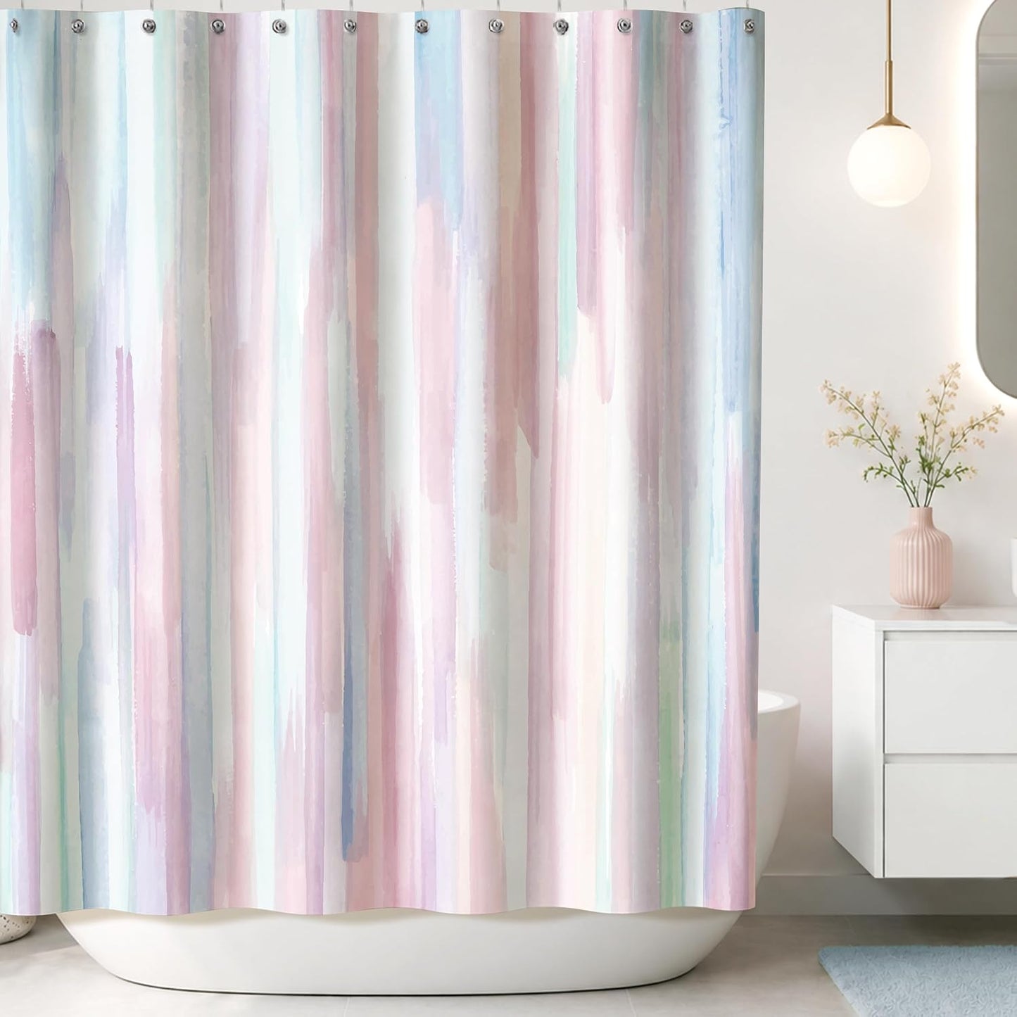 Sunlit Design Watercolor Painting with Macaron Pink and Blue Fabric Shower Curtain, Gouache Style Bathroom Decoration Curtains, Machine Washable