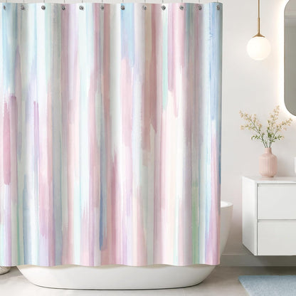 Sunlit Design Watercolor Painting with Macaron Pink and Blue Fabric Shower Curtain, Gouache Style Bathroom Decoration Curtains, Machine Washable