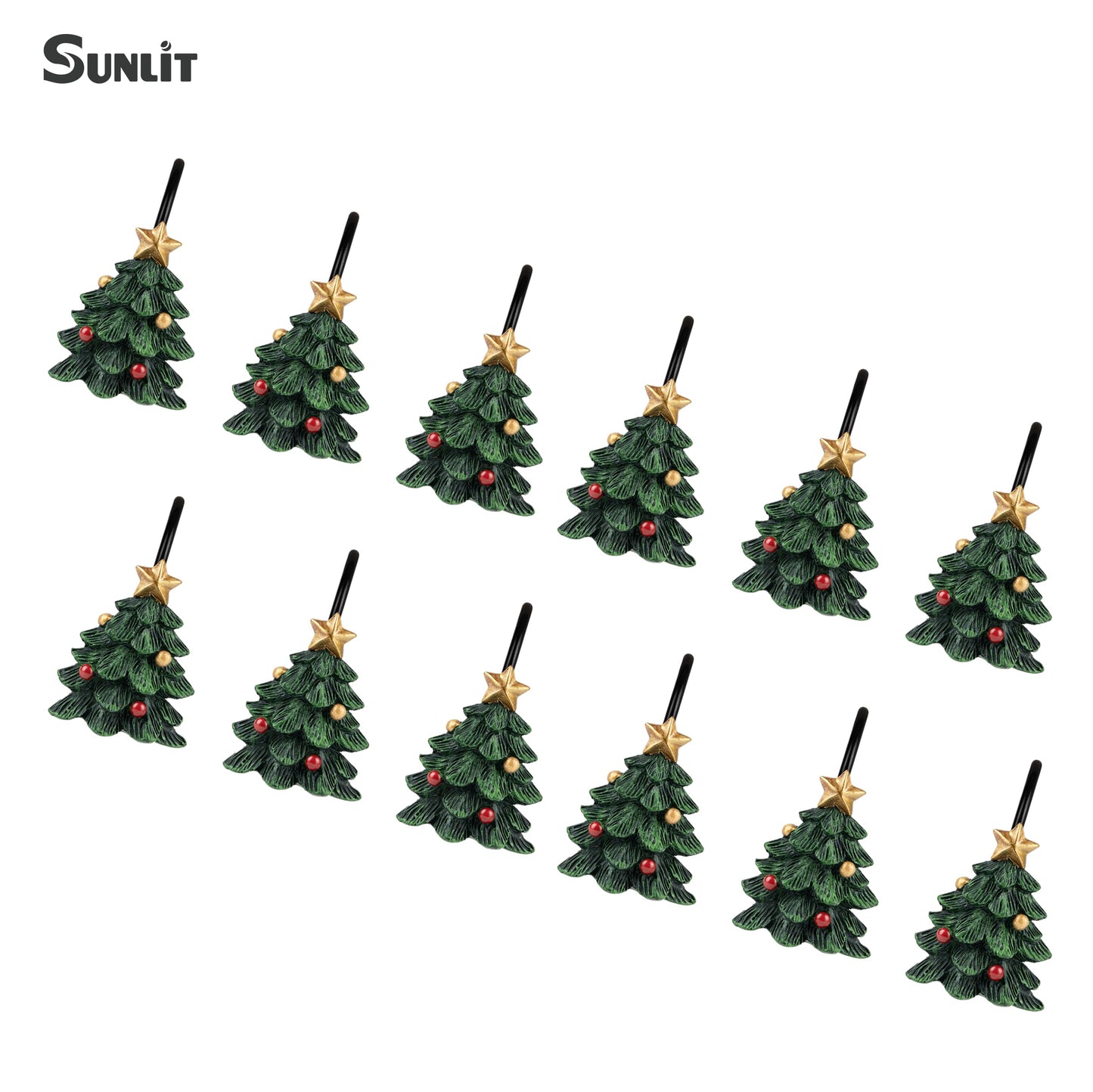 Sunlit Christmas Tree Decorative Shower Curtain Hooks with Star, Green Shower Curtain Rings, Resin, Xmas Theme Winter Holiday Bathroom Decoration, Set of 12