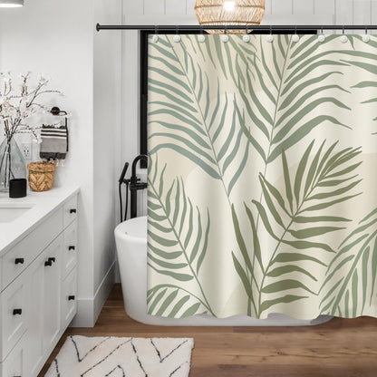 Sunlit Sage Green Textured Slubbed Fabric Shower Curtain, Mid Century Modern Palm Leaf Shower Curtains for Bathroom Decoration,Boho Botanical Bathroom Curtains, 71x71