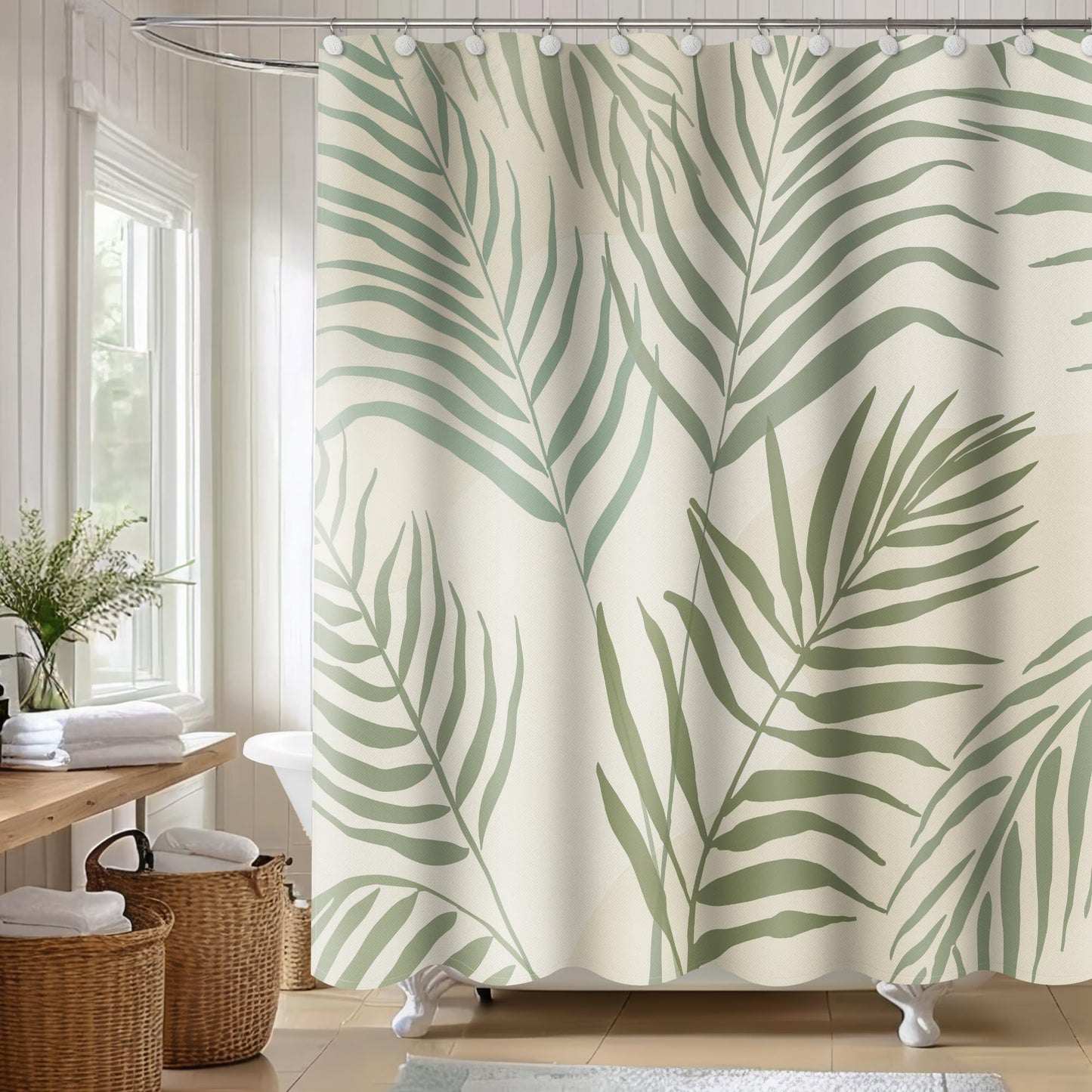 Sunlit Sage Green Textured Slubbed Fabric Shower Curtain, Mid Century Modern Palm Leaf Shower Curtains for Bathroom Decoration,Boho Botanical Bathroom Curtains, 71x71