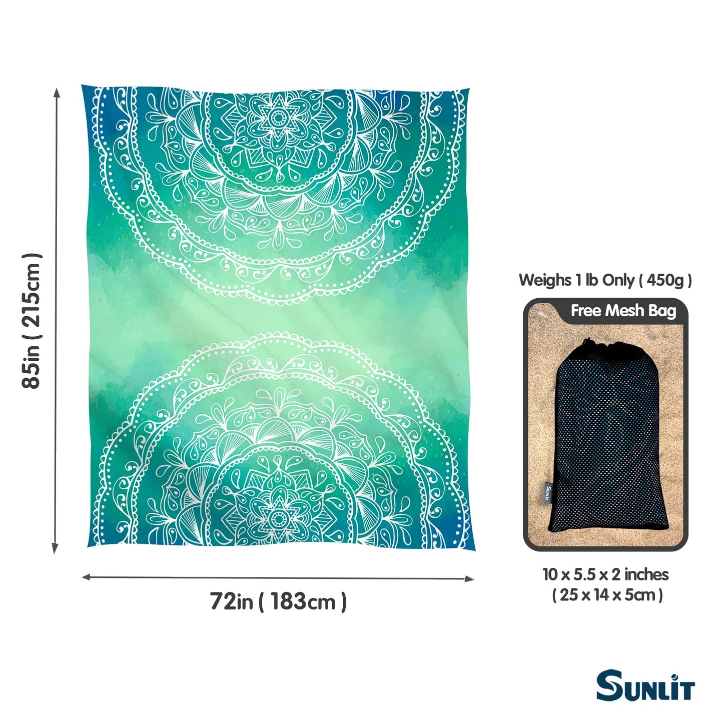 Sunlit 10'x9' Extra Large Boho Sand Proof Beach Blanket, Sand Proof Mat with Corner Pockets and Mesh Bag for Beach Party, Travel, Camping and Outdoor Music Festival, Light Orange and Sky Blue Mandala