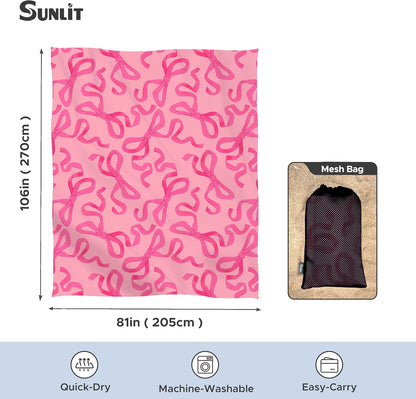 Sunlit Large Beach Blanket Waterproof Sand Proof, 81" x106" Sand Free Beach Mat Anchored Pockets and Storage Bag, for Travel Beach Camping Outdoor Festival, Coquette Pink Bow