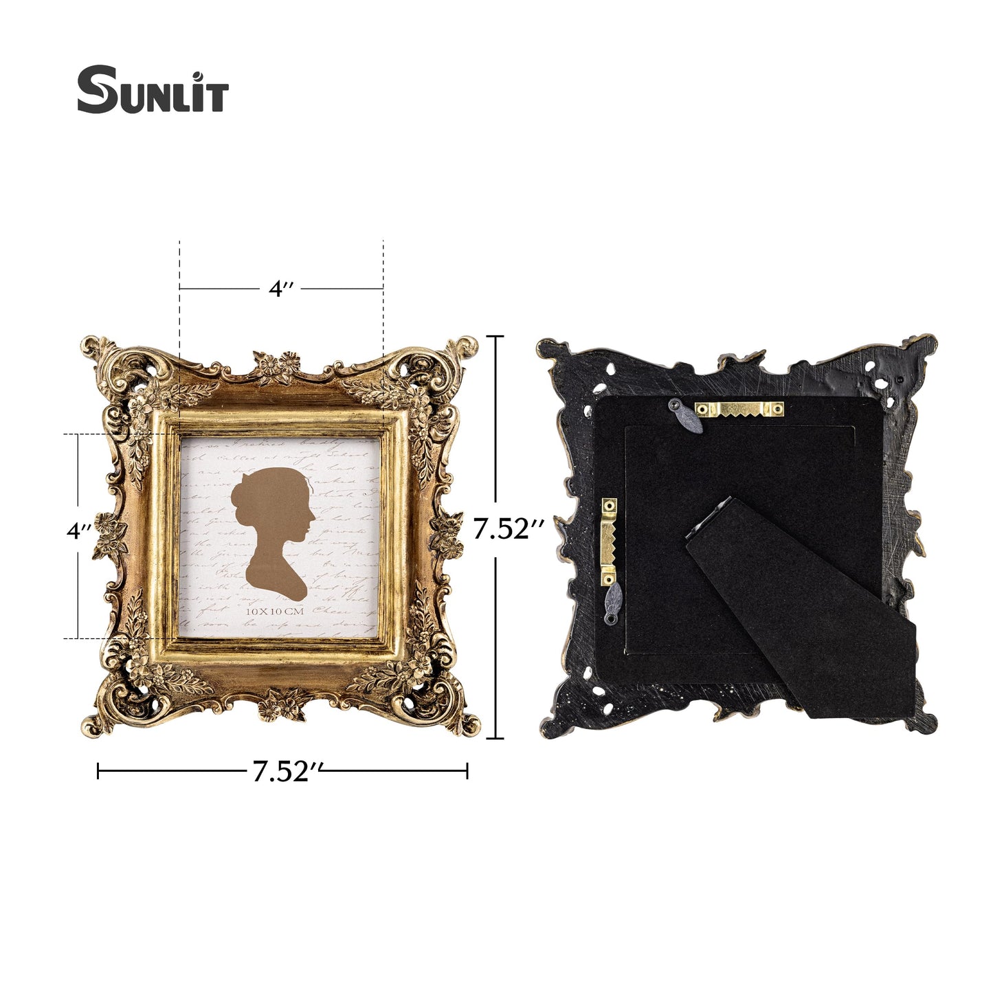 Sunlit Vintage Picture Frame 4x4 Inch, Luxury Antique Square Photo Frames with Glass Front, Photo Display, Tabletop Wall Hanging, Gift Ideas, Bronze Gold