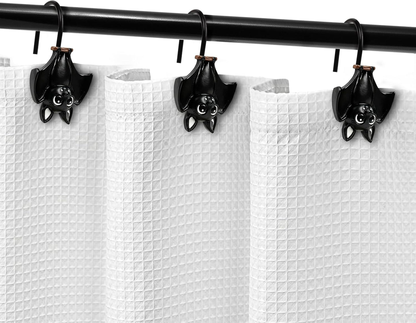 Sunlit Upside Down Bat Shower Curtain Hooks, Home Decorative Shower Curtain Rings for Bathroom, Halloween Shower Curtain Hangers Bathroom Accessories, Set of 12, Black