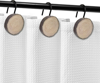 Sunlit Farmhouse Wooden Slices Shower Curtain Hooks, Rustic Home Decorative Shower Curtain Rings with Black Hooks for Bathroom, Resin Shower Curtain Hangers Bathroom Accessories, Set of 12