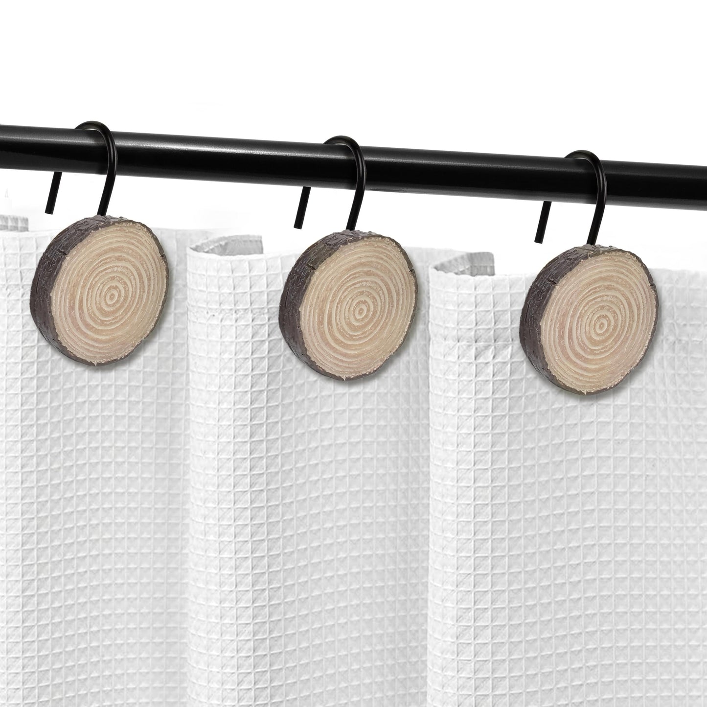 Sunlit Farmhouse Wooden Slices Shower Curtain Hooks, Rustic Home Decorative Shower Curtain Rings for Bathroom, Resin Shower Curtain Hangers Bathroom Accessories, Set of 12