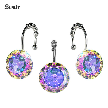 Sunlit Luxury Design Round Yellow Diamond Crystal Gem Bling with Glide Balls Shower Curtain Hooks, Rust Proof Metal Rhinestones Glam Shower Curtain Rings-12 Pack