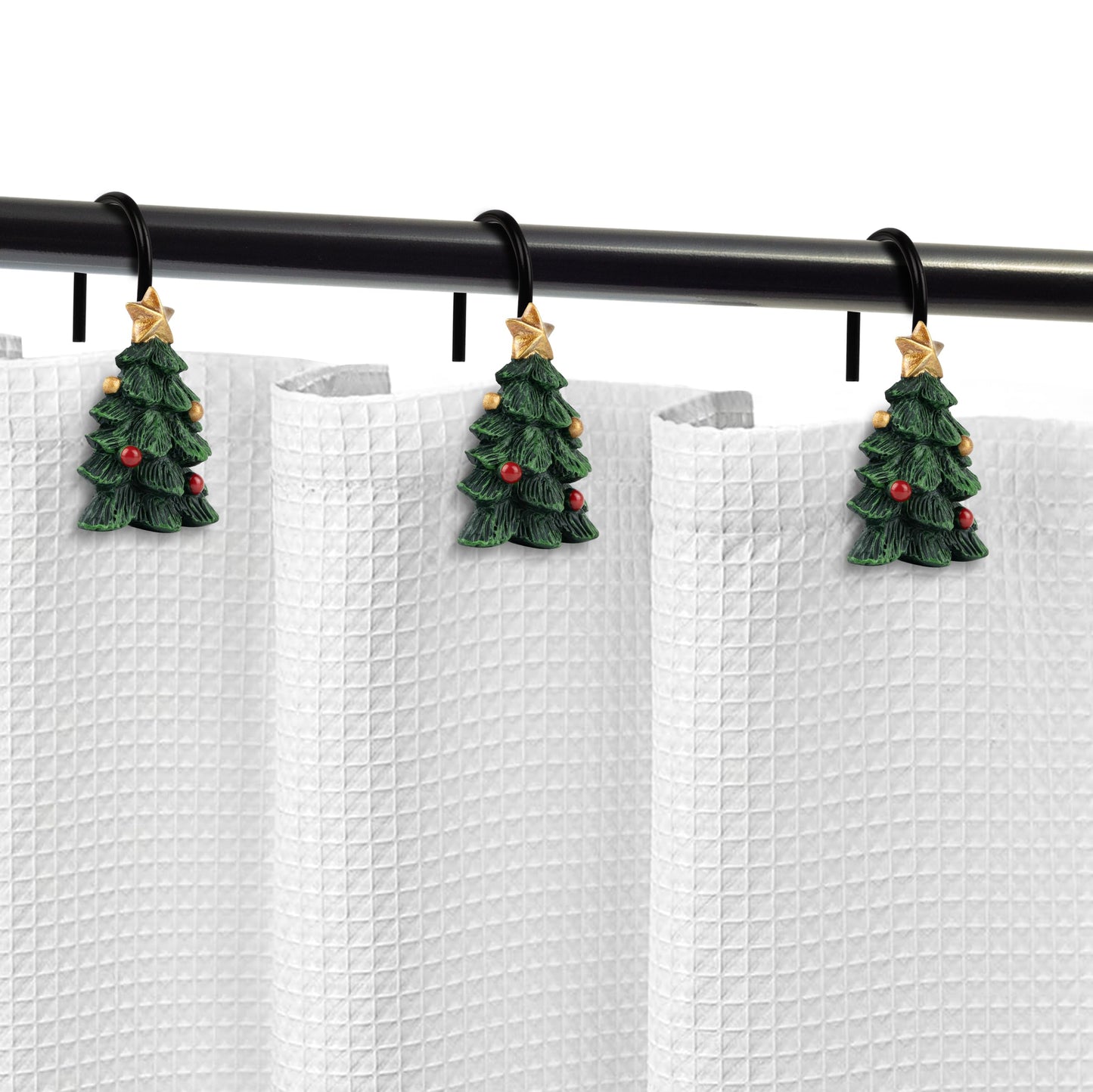 Sunlit Christmas Tree Decorative Shower Curtain Hooks with Star, Green Shower Curtain Rings, Resin, Xmas Theme Winter Holiday Bathroom Decoration, Set of 12