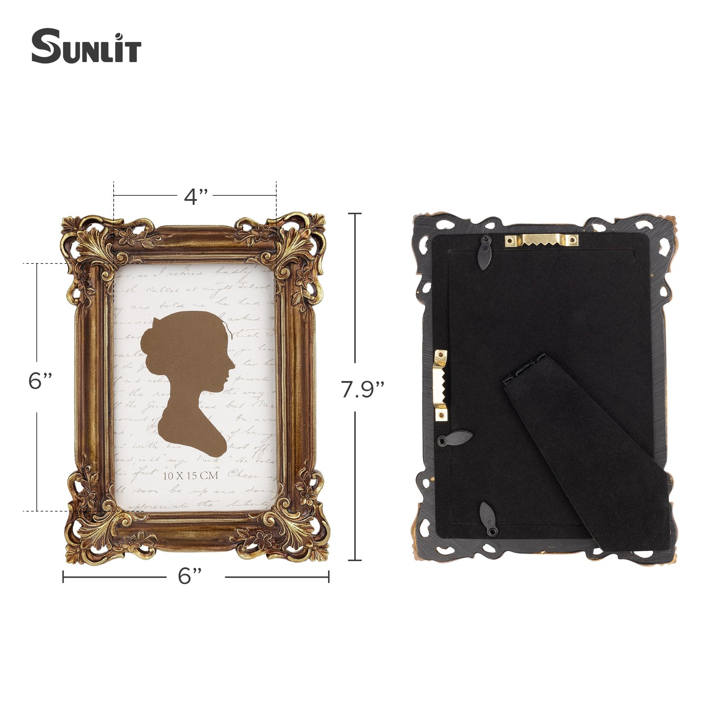 Sunlit Vintage Picture Frame 4x6 Inch, Luxury Antique Photo Frames with Glass Front, Photo Display, Tabletop Wall Hanging, Gift Ideas