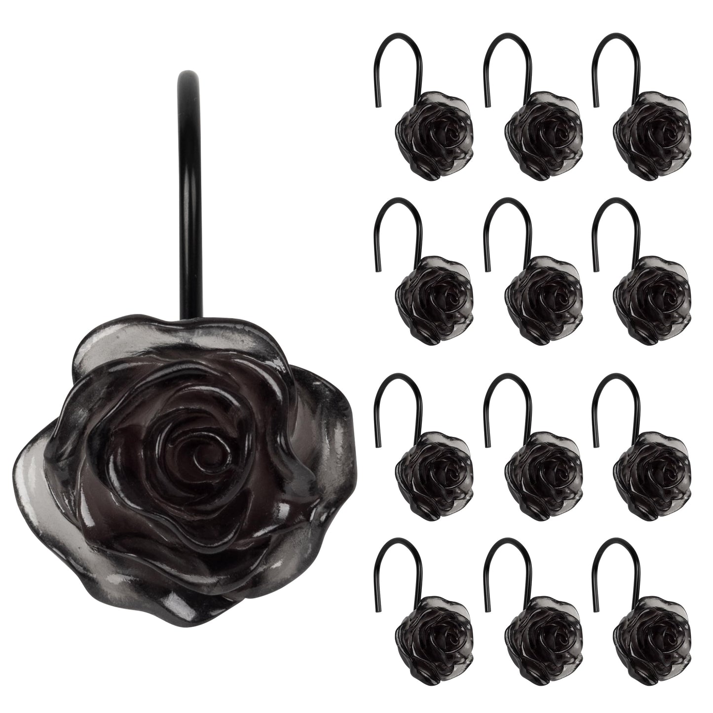 Sunlit Rose Shower Curtain Hooks, Home Decorative Flower Shower Curtain Rings for Bathroom, Resin, Pink Floral Shower Curtain Hanger Hooks for Living Room, Set of 12