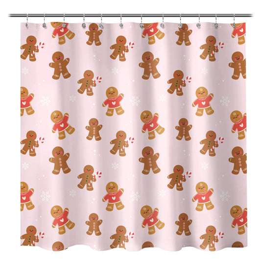 Sunlit Christmas Shower Curtain, Pink Holiday Gingerbread Men with Candy Canes and Snowflakes Cute Xmas Cookie Pattern, Festive Bathroom Fabric Shower Curtain, Home Decor Tapestry, 72" x 72"