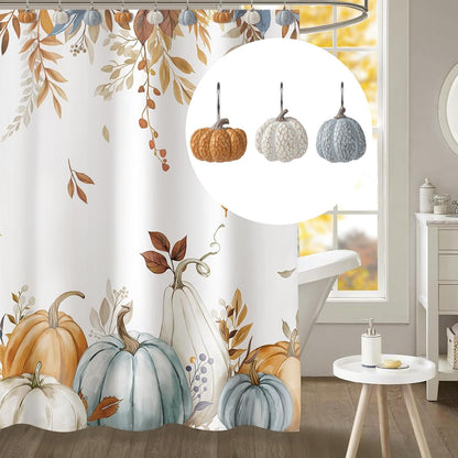 Sunlit Fall Pumpkin Decorative Shower Curtain Hooks, Autumn Harvest Festival Shower Curtain Rings, Resin Farmhouse Bathroom Curtain Hangers Decoration, Set of 12, Orange Blue White