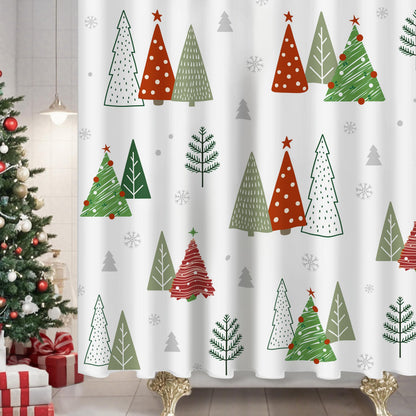 Sunlit Geometric Modern Design Christmas Shower Curtain Christmas Tree Bathroom Home Office Holiday Wall Decoration as Tapestry and Photo Booth Backdrop Red Green White Printed