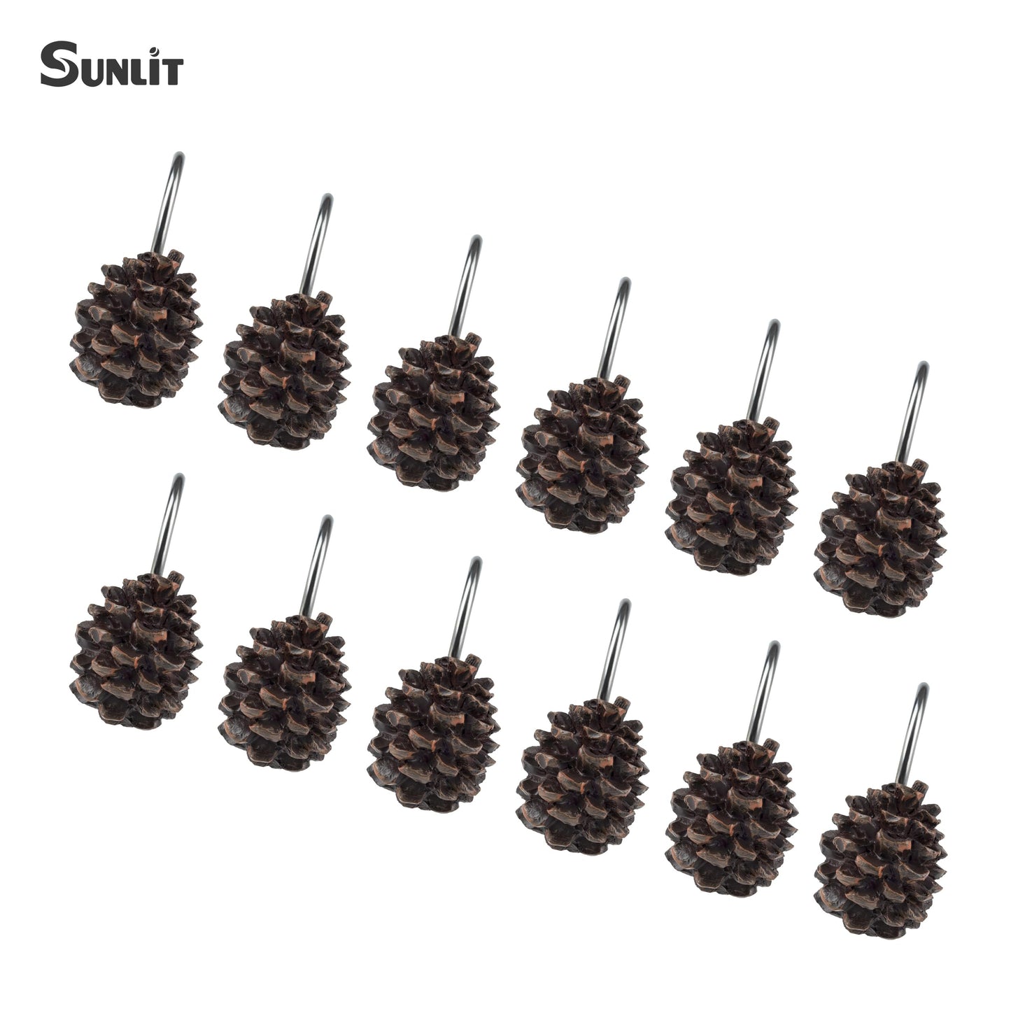 Sunlit Snowy Pinecone Shower Curtain Hooks Set of 12, Snow-Tipped Pine Cone Curtain Rings for Christmas Winter Bathroom Decor, Rustic Decorative Resin Bath Accessories