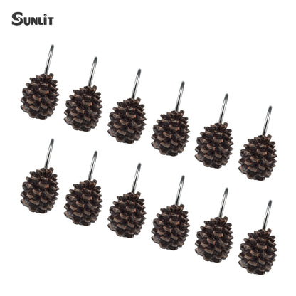 Sunlit Snowy Pinecone Shower Curtain Hooks Set of 12, Snow-Tipped Pine Cone Curtain Rings for Christmas Winter Bathroom Decor, Rustic Decorative Resin Bath Accessories
