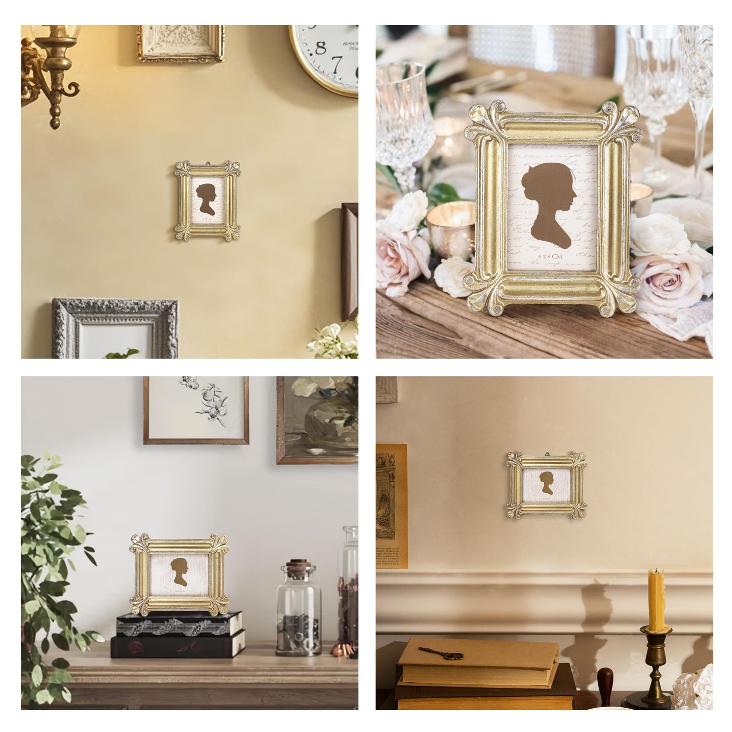 Sunlit Small Vintage Picture Frame 2.5x3.5 Inch, Antique Mini Photo Frames with Glass Front, Luxury Wallet Size Picture Frames, Photo Display Tabletop Wall Hanging Gift Ideas, Slivery Light Gold