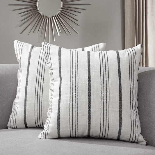 Sunlit Decorative Farmhouse Throw Pillow Case, Set of 2 Cream/Off-White with Black Stripes Modern Accent Square Pillow Cover, 22" x 22", Textured Linen Throw Cushion Covers for Couch Chair Bedroom