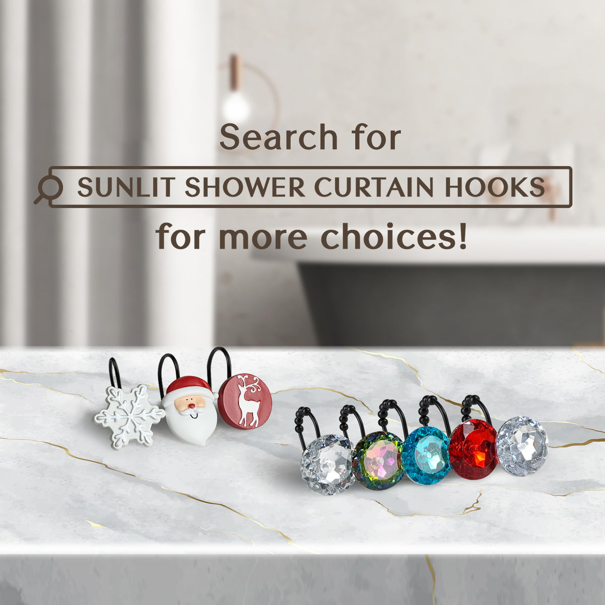 Sunlit Merry Christmas Shower Curtain Hooks Smiling Santa Claus Shower Curtain Rings, Resin, Christmas Decor, Winter Bathroom Decoration - 12 Pack