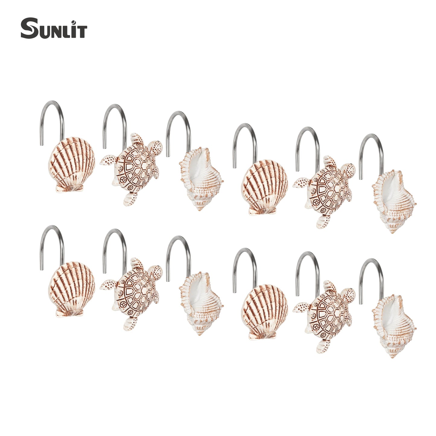 Sunlit Seashells Decorative Shower Curtain Hooks, Scallop Nautilus & Seahorse Shower Curtain Rings, Seashell Blush, Resin, Nautical Bathroom Decoration Beach Shower Curtain Hooks-12 Pack