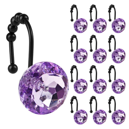 Sunlit Round Rhinestone Shower Curtain Hooks with Glide Balls, 12 Pack