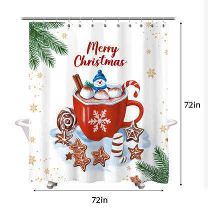 Sunlit Christmas Shower Curtain, Red Mug Hot Cocoa with Snowman Marshmallows and Gingerbread Cookies, Whimsical Holiday Scene Festive Bathroom Fabric Shower Curtain, Home Decor Tapestry, 72" x 72"